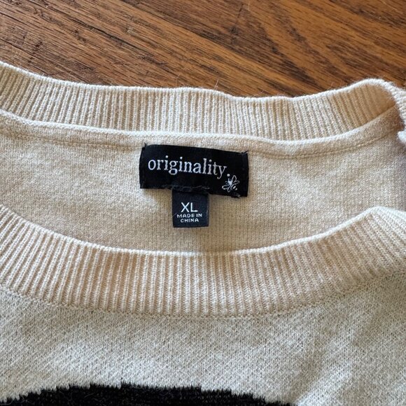 Originality Smiley Face Sweater XL Y2K Retro Checker Sleeves Beige Knit Pullover - Picture 3 of 6
